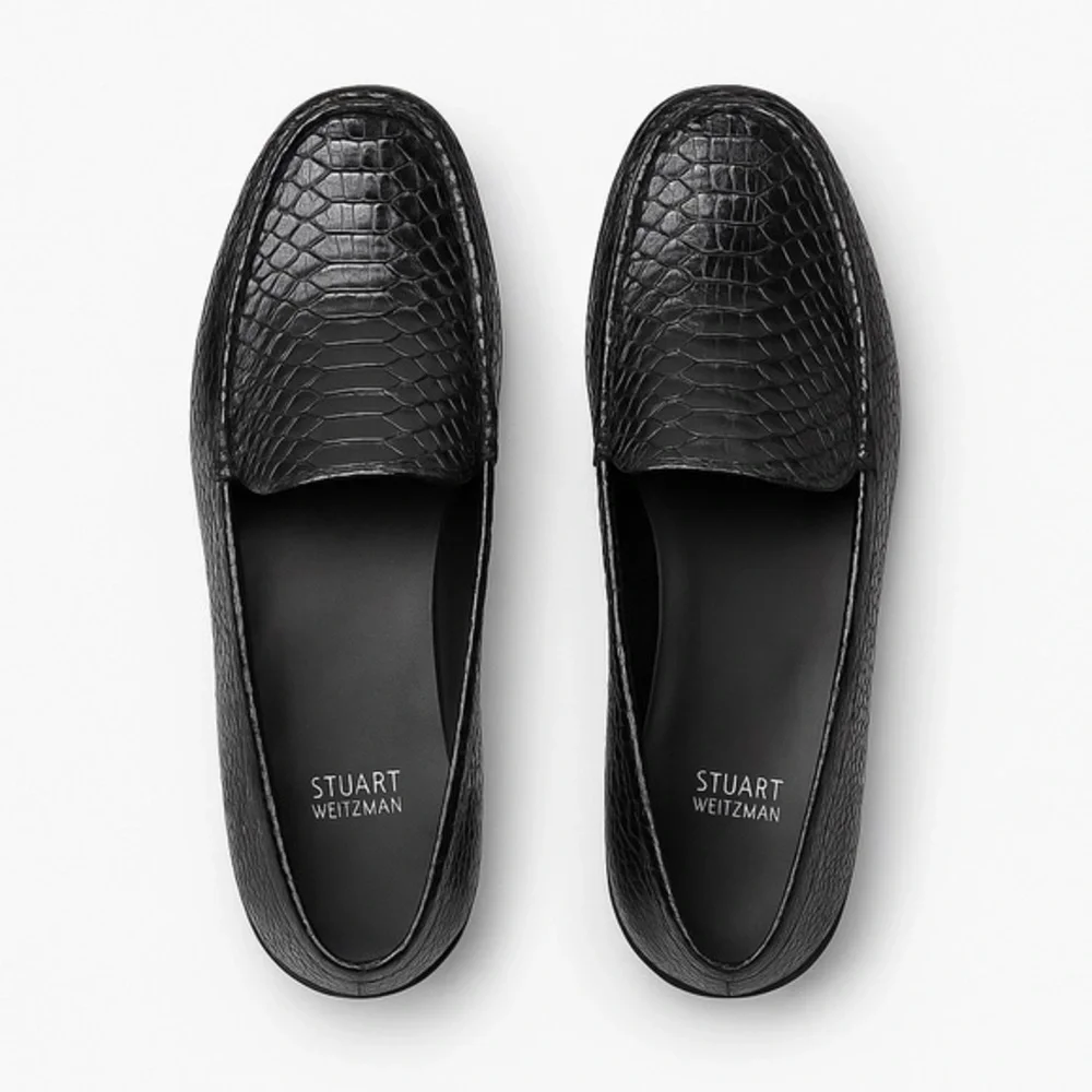 Stuart Weitzman Black Faux Leather Snakeskin Print Loafers Size 7.5